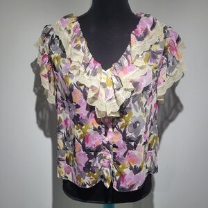 French Connection Women's Orchid Bouquet Floral Ruffle Lace Cap Sleeve Blouse XS